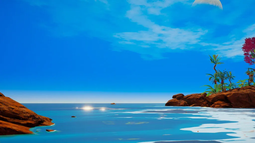 a in-game screen shot of the beach biome in Planet Crafter with rippling tide and a small island