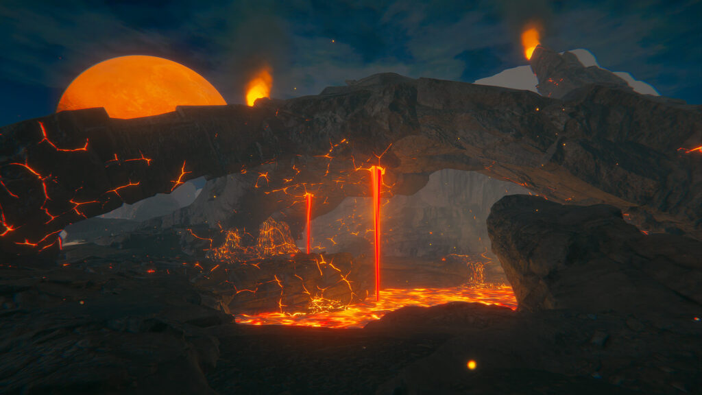 a in-game screenshot of black stone arches and glowing orange lava in the new Planet Crafter update.
