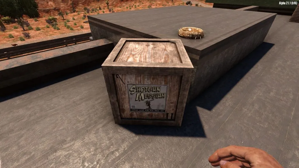 Standing next to a Shotgun Messiah Crate on a roof top in 7 Days to Die