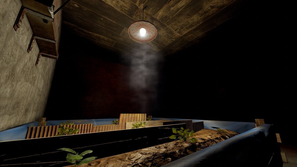 A ceiling light hanging over a large planter box