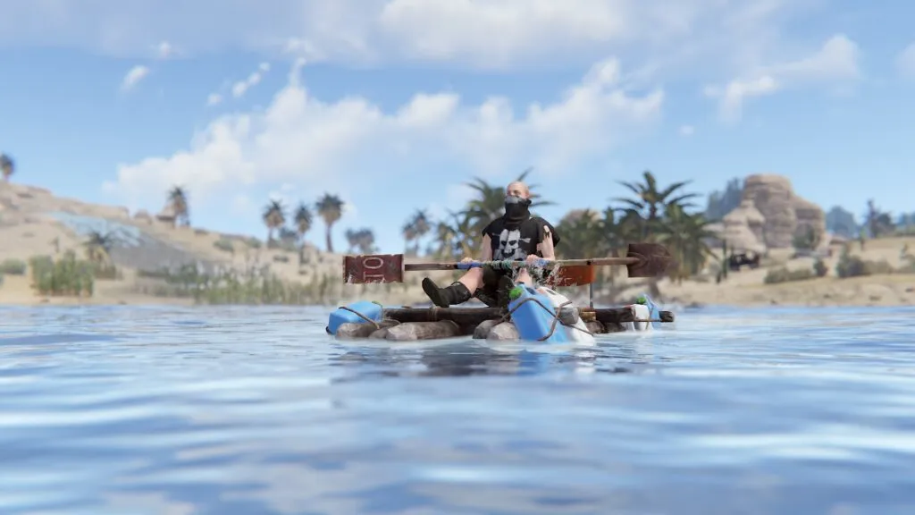 A player in pirate gear paddling a Kayak in RUST