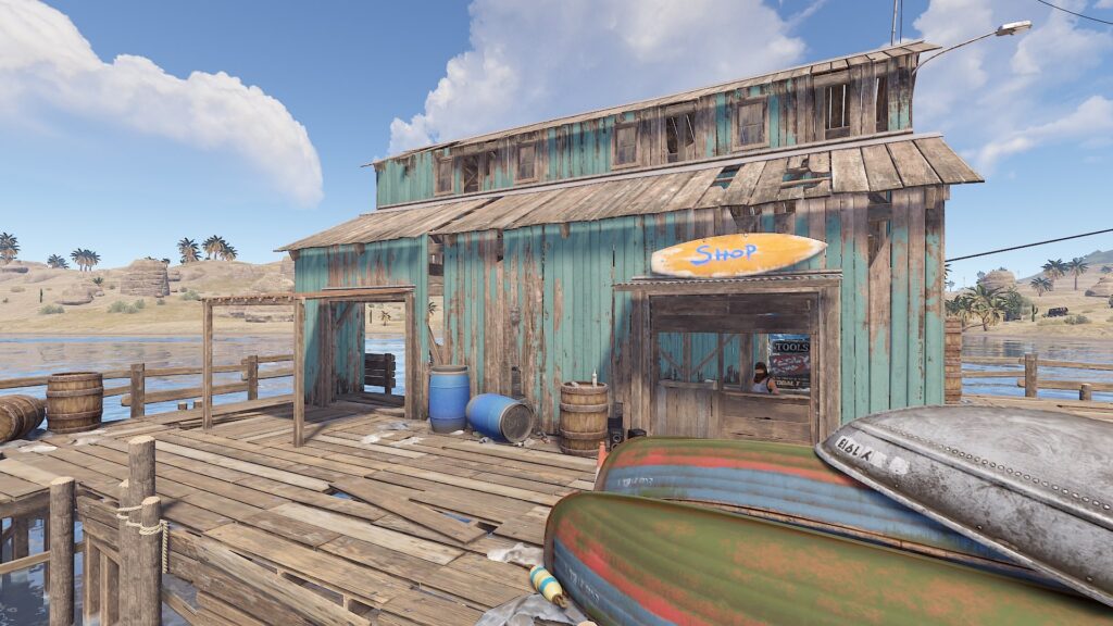 The Boat Vendor's Shop at the Large Fishing Village in RUST