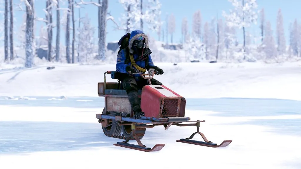 A player in an Arctic Suit sitting on the Snowmobile