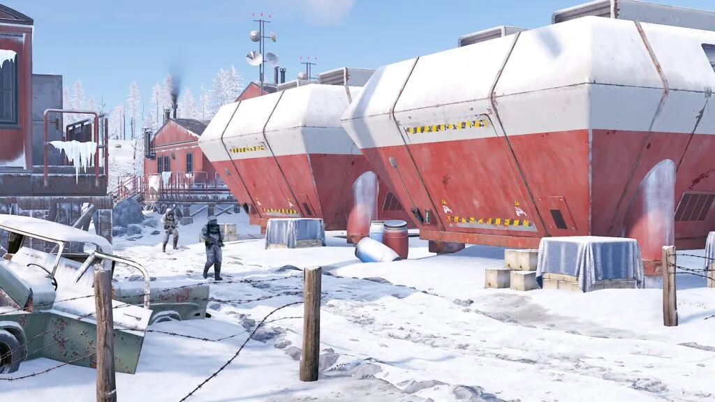The blue keycard puzzle in the Arctic Research Base monument protected by scientist