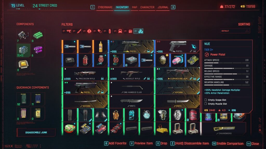An in-game screen looking into the player's backpack
