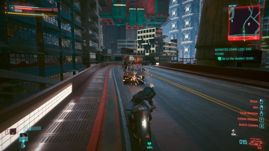 In-game screenshot of a motorcycle fleeing a violent gang