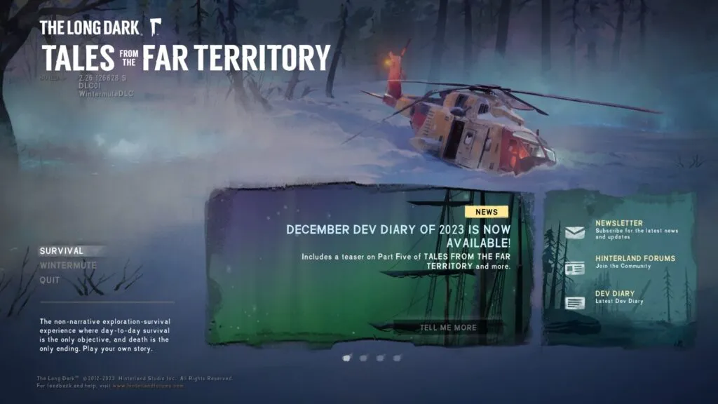 The Long Dark: Title screen after DLC