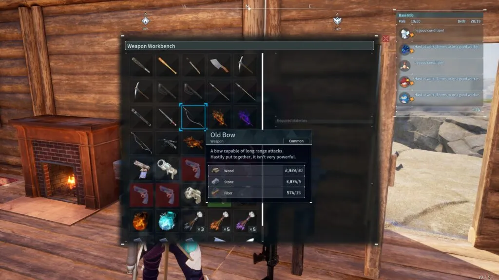 Examining bow recipes at a weapon workbench