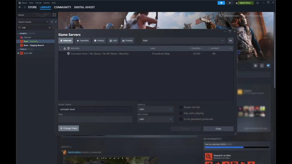 Open Steam Server Browser with Corrosion Hour in the Search Bar