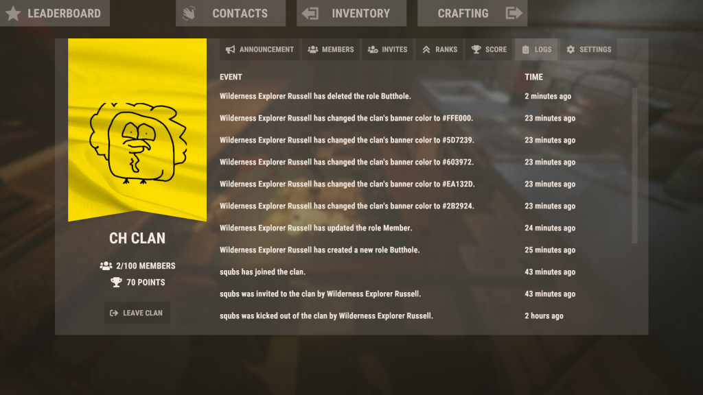 RUST Clan Table Logs Screen