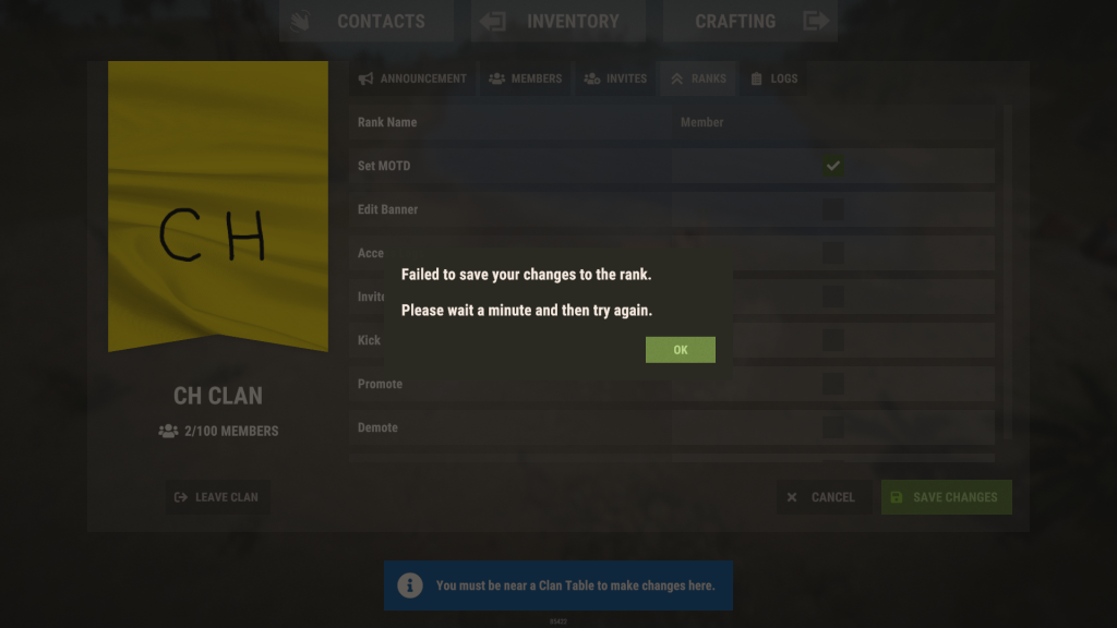 RUST Clan Table Error Message