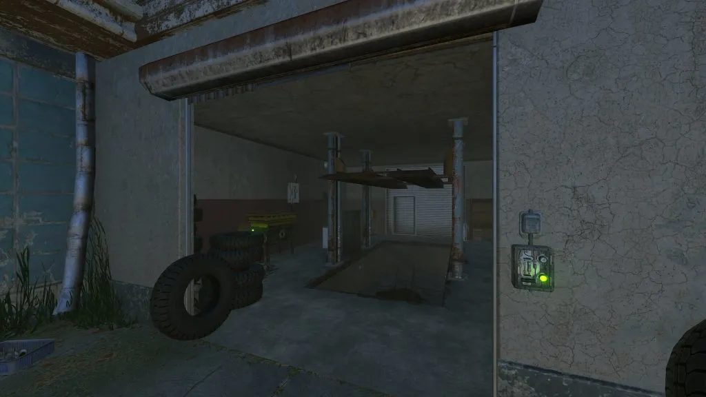 Looking Inside Oxum's Gas Station with the Car Lift in the Up Position