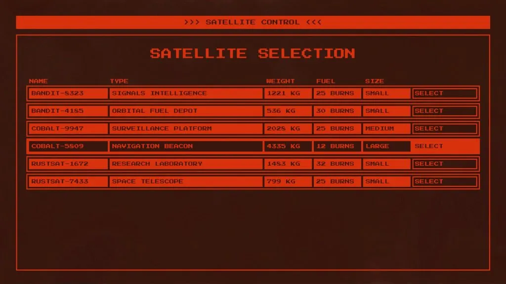Satellite Selection Screen